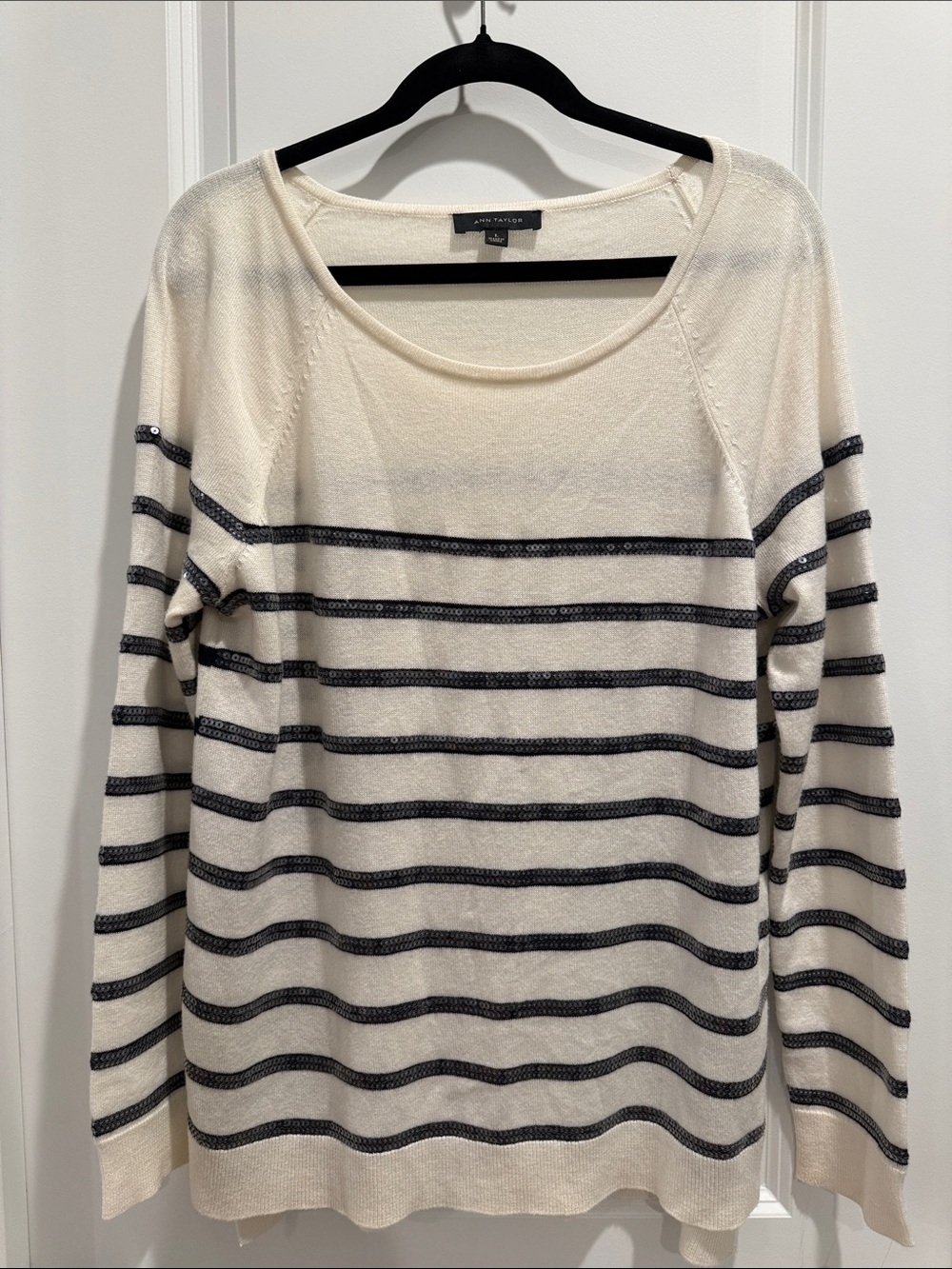Ann Taylor Cream Long Sleeve Top with Black Stripes